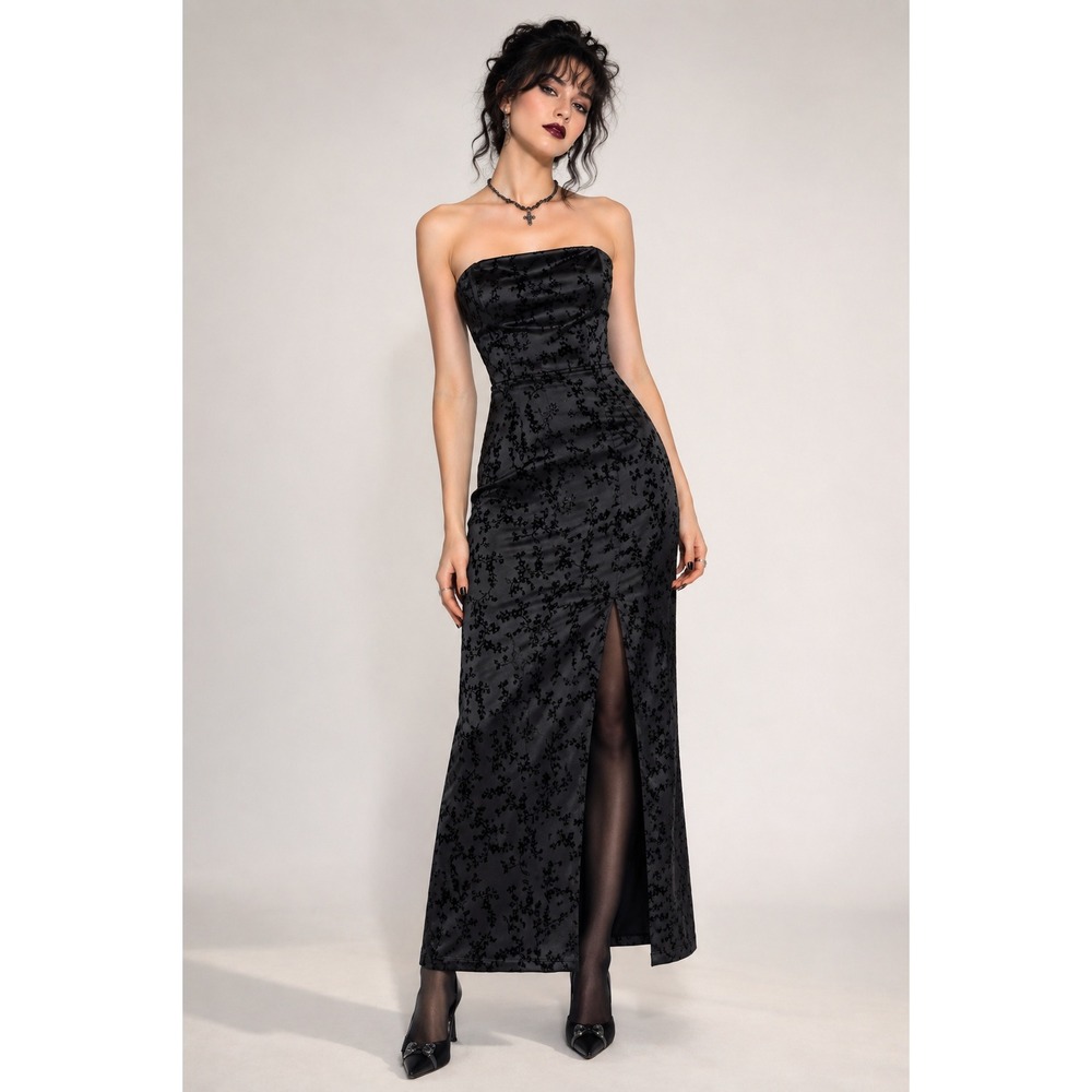 VTG Y2K XXI Maxi Dress S Black Satin Floral Velvet Flocked Strapless Vamp Gothic